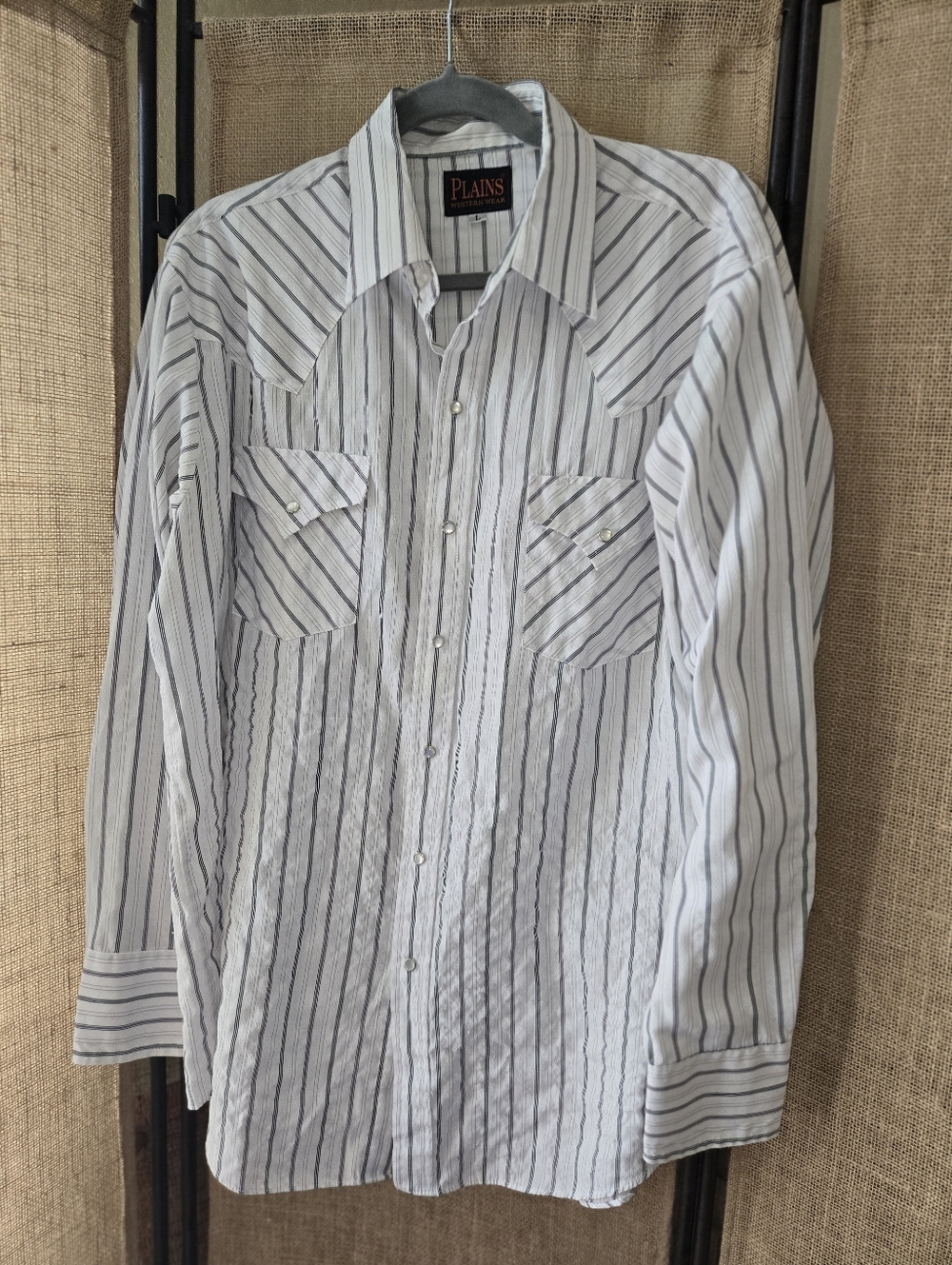 Plains Western Wear. Men's White & Black Striped Pearl Snap Y2K Shirt Large